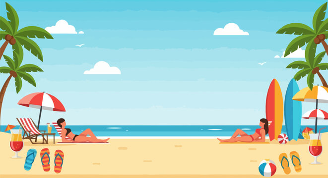 Summer Beach Scene with Empty Center for Text – Tropical Vibes in Clean Flat Style