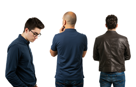 Three young men from different angles against a transparent background. One man in profile looking down, two men seen from the back.