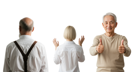 Happy elderly Asian man giving a thumbs up gesture with two other seniors seen from behind. Isolated on transparent background.