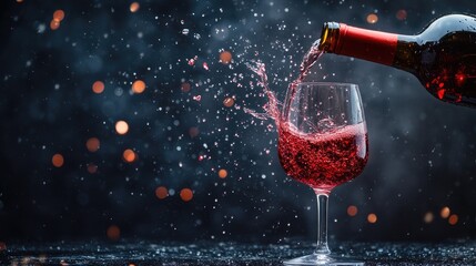 Red wine pouring into a glass with splashes.