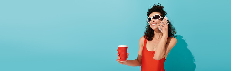 Bright summer vibes reflected in a stylish womans joyful expression and fresh beverage choice
