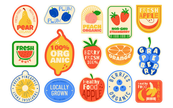 Fruit labels. Product sticker. Apple, lemon and banana patch. Vintage logo. Retro farm badge for food. Peach harvest. Summer fresh tags. ECO natural orange and grape. Vector organic garish stamps set
