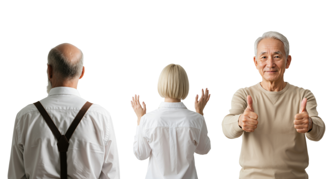 Happy elderly Asian man giving a thumbs up gesture with two other seniors seen from behind. Isolated on transparent background.