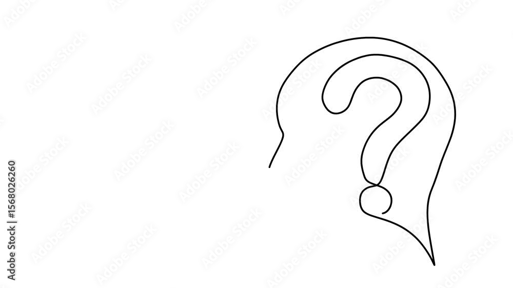 Poster animated self drawing of continuous line draw head of a man with a question mark. full length one li