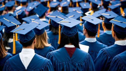 Students in blue graduation caps celebrating their success.