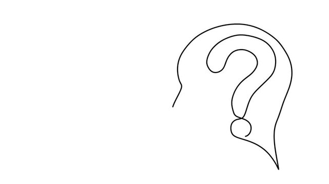 Animated self drawing of continuous line draw head of a man with a question mark. Full length one line animation. 4K	