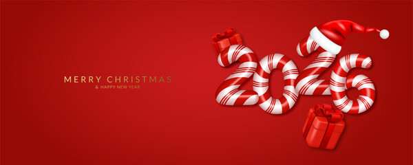 Christmas and New Year greeting card with candy cane number 2026