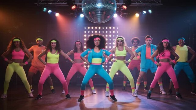 Energetic group aerobics dance in bright eighties costumes under disco ball lighting, upbeat and fun