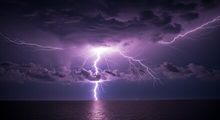 Dramatic Lightning Strikes Over Dark Ocean Under Stormy Sky