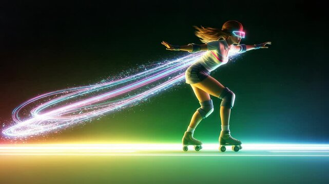 Futuristic roller skating journey with vibrant light trails and digital glasses effect experience,