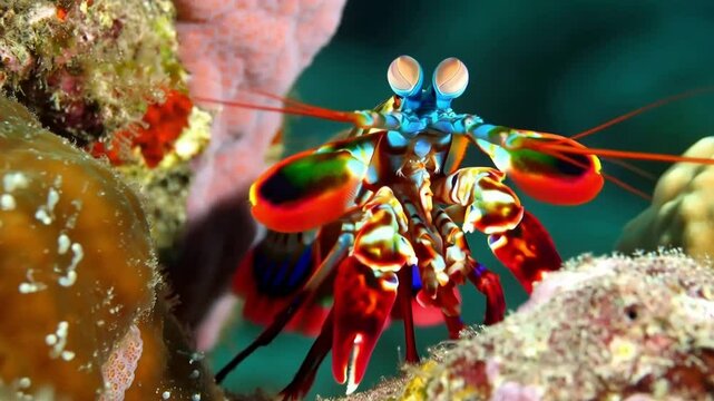 Close up of a Peacock mantis shrimp (Odontodactylus scyllarus) on coral reef, Eyes and mustache are clearly visible, Great Barrier Reef, Australia.
