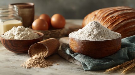 Fototapeta premium A high-quality image of a bread-making process with ingredients like flour, yeast, and water laid out on a kitchen counter, highlighting the simplicity of making bread.