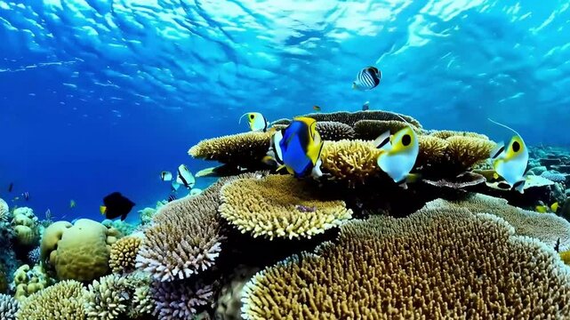 Marine life on barrier reef with butterflyfish feeding on healthy coral in Great Barrier Reef, Australia.
