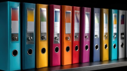 Organizing documents colorful binders on shelf office environment close-up view professional workspace