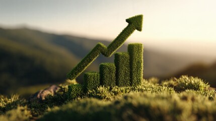 Croissance durable, flèche verte en herbe ascendante sur graphique à barres en herbe