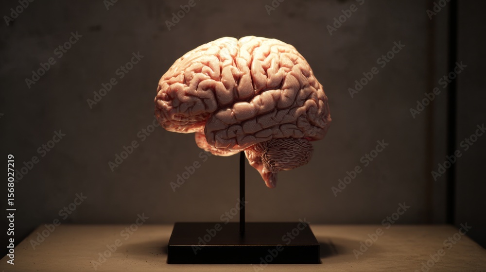 Poster a high-quality shot of a d printed brain model with realistic texture and detail, positioned on a st