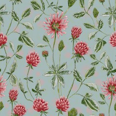 Seamless pattern with clover flowers hand drawn with colored pencils and watercolor