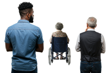 Rear view of a diverse group of people including a young Black man, an elderly man, and a senior woman in a wheelchair. Concept of aging and care.