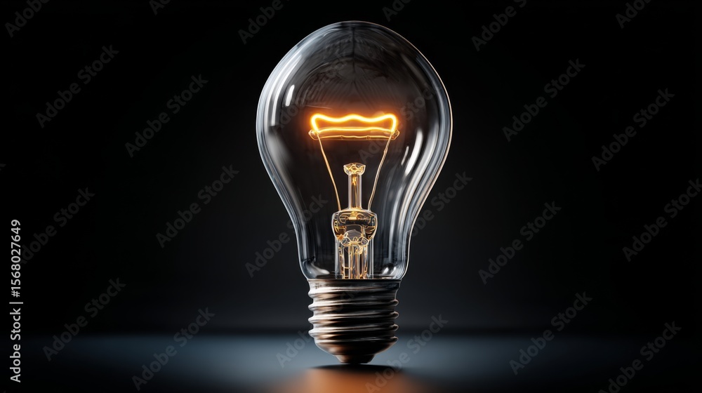 Poster A high-resolution image of a light bulb with a glowing filament, symbolizing a bright new idea or breakthrough concept against a dark background.