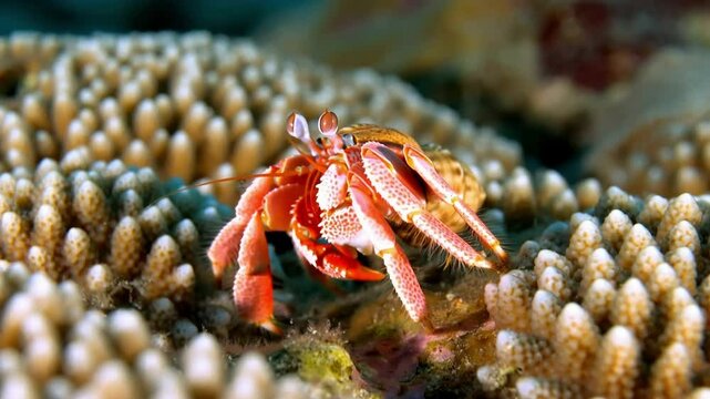 Hermit Crab macro. Crab with dusty shell and reef rocks behind him. Small red crab with villi, white spots on claws and dusty orange shell, Great Barrier Reef, Australia.

