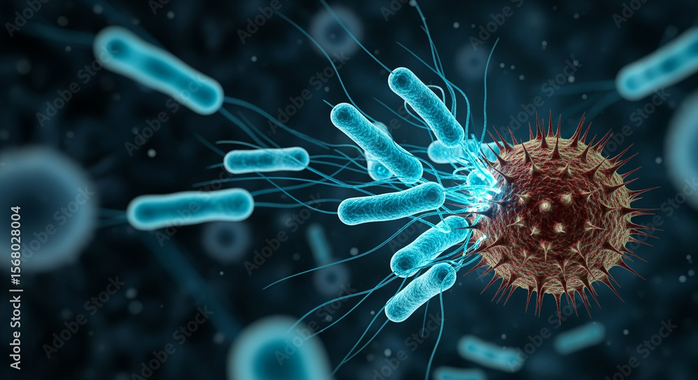 Poster bacteria attacking a virus with flagella microscopic view