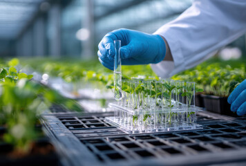 Scientist Testing Young Plants in Greenhouse