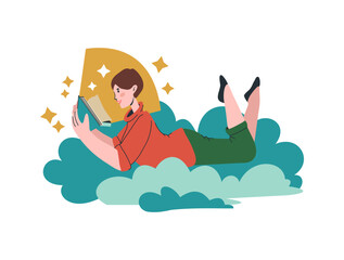 Woman read book. Happy girl lying on cloud. Clever character imagination, inspiration literature. Symbol school education and college knowledge. Vector cartoon flat style isolated illustration