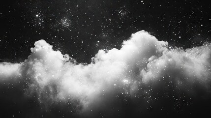 Night sky view of fluffy clouds and stars.