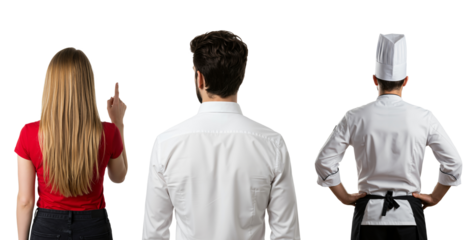 Rear view of a group of people including a woman pointing, a man in a shirt, and a chef. Different professions and choices concept.