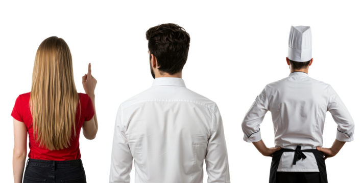 Rear view of a group of people including a woman pointing, a man in a shirt, and a chef. Different professions and choices concept.