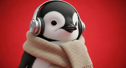 Anthropomorphic penguin listening music