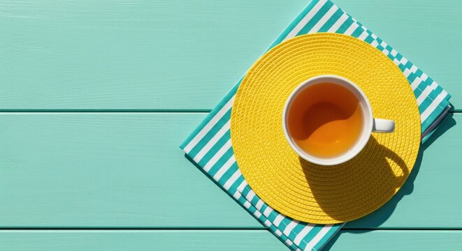 Top view of tea cup on yellow placemat on teal wooden table