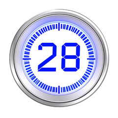 Digital timer displaying twenty eight isolated on black background
