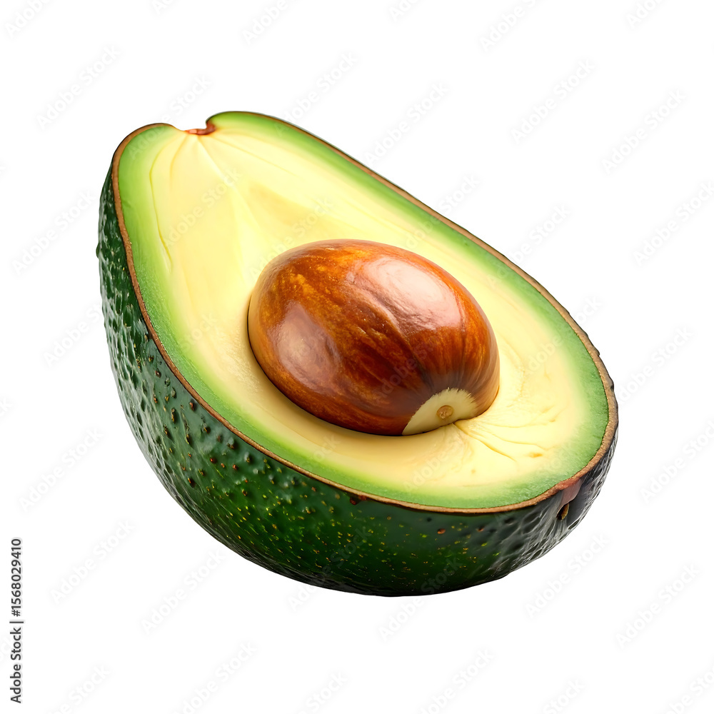 Poster clean avocado half with smooth inner texture and central seed on transparent backdrop