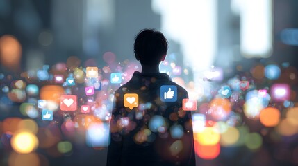 Conceptual illustration of the psychological impact of social media on teenagers, with glowing like and heart icons around a silhouette.