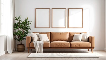 Mid-Century Touch in Framed Living Area. Blank Poster Framed Mockup