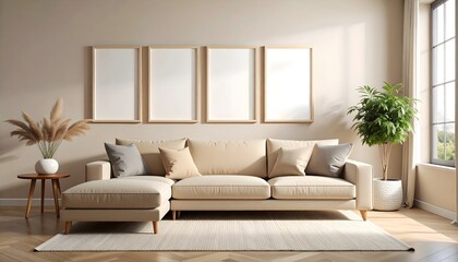 Soft Beige Gallery Setup Above Lounge with 4 framed pictures mockup. Blank Poster Framed Mockup