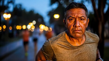 Evening jog fitness workout of middle-aged Hispanic man with intense expression and sweat in urban park with bokeh street lights at dusk