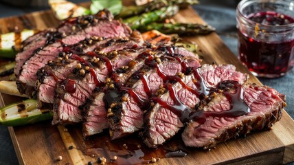 Blueberry balsamic glaze drizzled over sliced grilled steak arranged on wooden cutting board with asparagus and jar of dark berry sauce