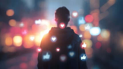 Conceptual illustration of the psychological impact of social media on teenagers, with glowing like and heart icons around a silhouette.