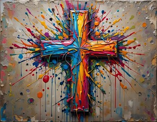 Una cruz de pintura al óleo vibrante y abstracta con colores salpicados, sobre un fondo texturizado y tosco