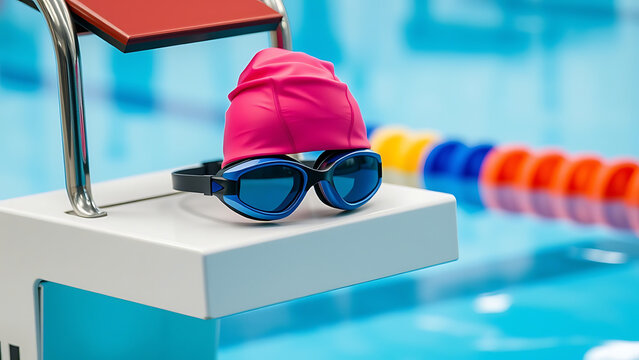 A pink swim cap and blue goggles rest on a starting block at the edge of a swimming pool water - Powered by Adobe