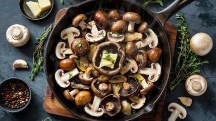 Mushroom medley varieties cooking in cast iron skillet with butter and fresh thyme herbs on dark slate background
