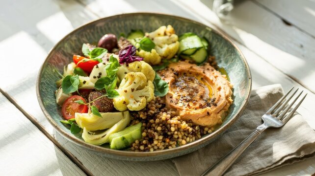 Colorful vegan bowl with roasted cauliflower, hummus, quinoa and fresh vegetables on rustic ceramic dish with natural lighting