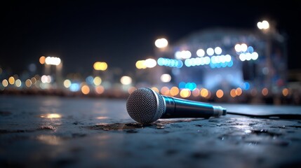 A modern wireless microphone resting on a stage floor, with blurred concert lights in the distance, capturing the atmosphere of a live event.