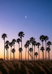 Twilight Palm Trees and Crescent Moon