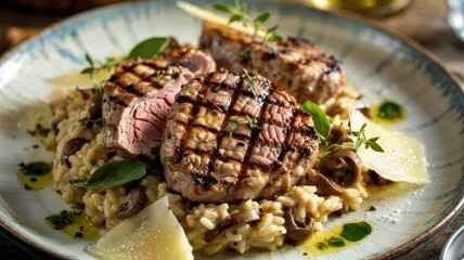 Grilled veal medallions with perfect crosshatch grill marks served on wild mushroom risotto with fresh thyme and parmesan shavings