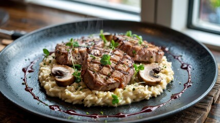Grilled veal medallions with perfect sear marks on creamy risotto, garnished with sautéed mushrooms and microgreens, red wine reduction sauce