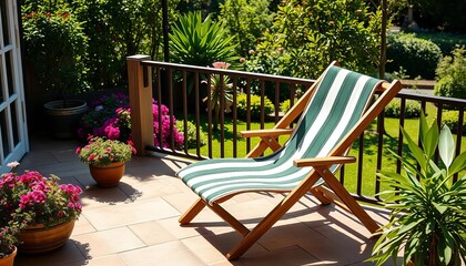 Obraz premium Relaxing striped deck chair on sunny terrace overlooking garden, plants, serenity