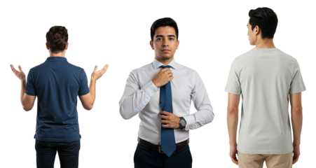Collage of three diverse men from front and back view. Hispanic businessman adjusting tie, other men in casual shirts.